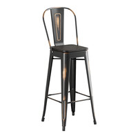 Lancaster Table & Seating Alloy Series Distressed Copper Indoor Cafe Barstool with Black Wood Seat