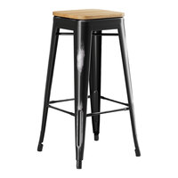 Lancaster Table & Seating Alloy Series Distressed Onyx Black Indoor Backless Barstool with Natural Wood Seat