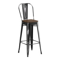 Lancaster Table & Seating Alloy Series Distressed Onyx Black Indoor Cafe Barstool with Walnut Wood Seat