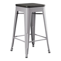 Lancaster Table & Seating Alloy Series Nickel Gray Indoor Backless Counter Height Stool with Black Wood Seat