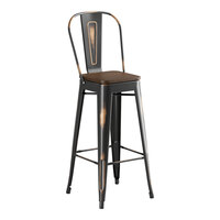 Lancaster Table & Seating Alloy Series Distressed Copper Indoor Cafe Barstool with Walnut Wood Seat