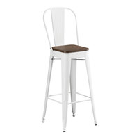 Lancaster Table & Seating Alloy Series Pearl White Indoor Cafe Barstool with Walnut Wood Seat