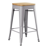 Lancaster Table & Seating Alloy Series Nickel Gray Indoor Backless Counter Height Stool with Natural Wood Seat