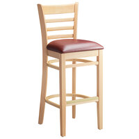 Lancaster Table & Seating Natural Finish Wood Ladder Back Bar Stool with Burgundy Vinyl Seat