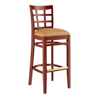 Lancaster Table & Seating Mahogany Finish Wood Window Back Bar Stool with Light Brown Vinyl Seat - Assembled