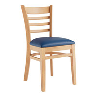 Lancaster Table & Seating Natural Finish Wood Ladder Back Chair with Navy Vinyl Seat - Assembled