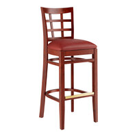 Lancaster Table & Seating Mahogany Finish Wood Window Back Bar Stool with Burgundy Vinyl Seat - Assembled