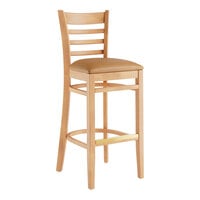 Lancaster Table & Seating Natural Finish Wood Ladder Back Bar Stool with Light Brown Vinyl Seat - Assembled