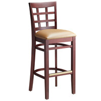 Lancaster Table & Seating Mahogany Finish Wood Window Back Bar Stool with Light Brown Vinyl Seat