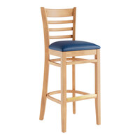 Lancaster Table & Seating Natural Finish Wood Ladder Back Bar Stool with Navy Vinyl Seat