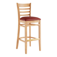 Lancaster Table & Seating Natural Finish Wood Ladder Back Bar Stool with Burgundy Vinyl Seat - Assembled