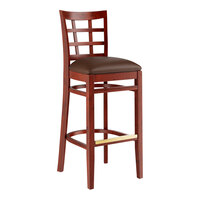 Lancaster Table & Seating Mahogany Finish Wood Window Back Bar Stool with Dark Brown Vinyl Seat - Assembled