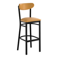 Lancaster Table & Seating Boomerang Black Finish Bar Stool with Light Brown Vinyl Seat and Back