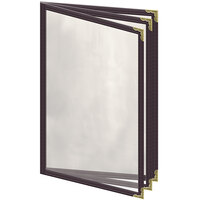 H. Risch, Inc. TETB Deluxe Sewn 5 1/2" x 8 1/2" Brown 6 View Vinyl Menu Cover with Gold Decorative Corners and Gloss Finish