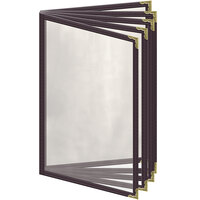 H. Risch, Inc. TE-10V Deluxe Sewn 5 1/2" x 8 1/2" Brown 10 View Vinyl Menu Cover with Gold Decorative Corners and Gloss Finish