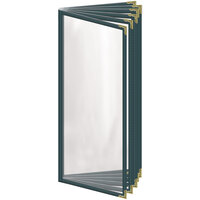 H. Risch, Inc. TE-12V Deluxe Sewn 4 1/4" x 11" Green 12 View Vinyl Menu Cover with Gold Decorative Corners and Gloss Finish
