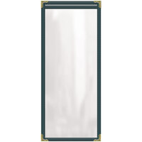 H. Risch, Inc. TES Deluxe Sewn 4 1/4" x 11" Green 2 View Vinyl Menu Cover with Gold Decorative Corners and Gloss Finish