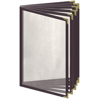 H. Risch, Inc. TE-12V Deluxe Sewn 5 1/2" x 8 1/2" Brown 12 View Vinyl Menu Cover with Gold Decorative Corners and Gloss Finish