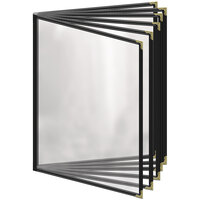 H. Risch, Inc. TE-12V Deluxe Sewn 8 1/2" x 11" Black 12 View Vinyl Menu Cover with Gold Decorative Corners and Gloss Finish