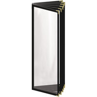 H. Risch, Inc. TE-12V Deluxe Sewn 4 1/4" x 14" Black 12 View Vinyl Menu Cover with Gold Decorative Corners and Gloss Finish