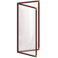 H. Risch, Inc. TED Deluxe Sewn 4 1/4" x 11" Maroon 4 View Menu Cover with Gold Decorative Corners and Gloss Finish