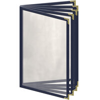 H. Risch, Inc. TE-10V Deluxe Sewn 5 1/2" x 8 1/2" Blue 10 View Vinyl Menu Cover with Gold Decorative Corners and Gloss Finish