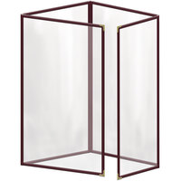 H. Risch, Inc. TETQ Deluxe Sewn 8 1/2" x 14" Maroon 8 View Foldout Vinyl Menu Cover with Gold Decorative Corners and Gloss Finish