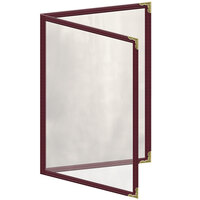 H. Risch, Inc. TED Deluxe Sewn 5 1/2" x 8 1/2" Maroon 4 View Menu Cover with Gold Decorative Corners and Gloss Finish