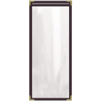 H. Risch, Inc. TES Deluxe Sewn 4 1/4" x 11" Brown 2 View Vinyl Menu Cover with Gold Decorative Corners and Gloss Finish