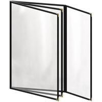 H. Risch, Inc. TETBQ Deluxe Sewn 8 1/2" x 14" Black 8 View Vinyl Menu Cover with Gold Decorative Corners and Gloss Finish