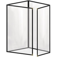 H. Risch, Inc. TETQ Deluxe Sewn 8 1/2" x 14" Black 8 View Foldout Vinyl Menu Cover with Gold Decorative Corners and Gloss Finish