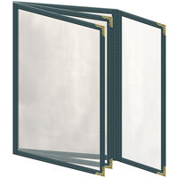 H. Risch, Inc. TETBQ Deluxe Sewn 5 1/2" x 8 1/2" Green 8 View Vinyl Menu Cover with Gold Decorative Corners and Gloss Finish