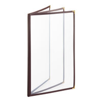 H. Risch, Inc. TETB Deluxe Sewn 8 1/2" x 14" Brown 6 View Vinyl Menu Cover with Gold Decorative Corners and Gloss Finish
