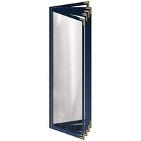 H. Risch, Inc. TE-10V Deluxe Sewn 4 1/4" x 14" Blue 10 View Vinyl Menu Cover with Gold Decorative Corners and Gloss Finish