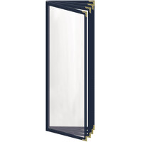 H. Risch, Inc. TEDD Deluxe Sewn 4 1/4" x 14" Blue 8 View Menu Cover with Gold Decorative Corners and Gloss Finish