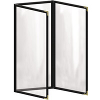 H. Risch, Inc. TET Deluxe Sewn 4 1/4" x 11" Black 6 View Foldout Vinyl Menu Cover With Gold Decorative Corners and Gloss Finish