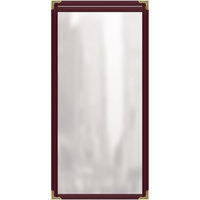 H. Risch, Inc. TES Deluxe Sewn 5 1/2" x 14" Maroon 2 View Vinyl Menu Cover with Gold Decorative Corners and Gloss Finish