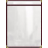 H. Risch, Inc. TES Deluxe Sewn 8 1/2" x 11" Maroon 2 View Vinyl Menu Cover with Gold Decorative Corners and Gloss Finish