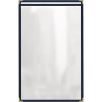H. Risch, Inc. TES Deluxe Sewn 11" x 17" Blue 2 View Vinyl Menu Cover with Gold Decorative Corners and Gloss Finish