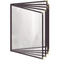 H. Risch, Inc. TE-10V Deluxe Sewn 8 1/2" x 11" Brown 10 View Vinyl Menu Cover with Gold Decorative Corners and Gloss Finish