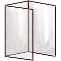 H. Risch, Inc. TET Deluxe Sewn 8 1/2" x 14" Maroon 6 View Foldout Vinyl Menu Cover With Gold Decorative Corners and Gloss Finish