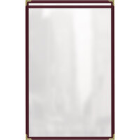 H. Risch, Inc. TES Deluxe Sewn 11" x 17" Maroon 2 View Vinyl Menu Cover with Gold Decorative Corners and Gloss Finish