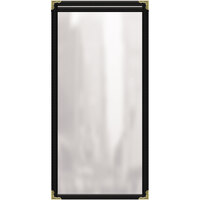 H. Risch, Inc. TES Deluxe Sewn 5 1/2" x 14" Black 2 View Vinyl Menu Cover with Gold Decorative Corners and Gloss Finish