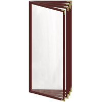 H. Risch, Inc. TEDD Deluxe Sewn 4 1/4" x 11" Maroon 8 View Menu Cover with Gold Decorative Corners and Gloss Finish