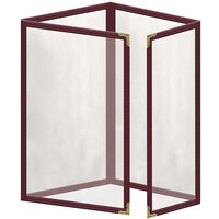 H. Risch, Inc. TETQ Deluxe Sewn 5 1/2" x 8 1/2" Maroon 8 View Foldout Vinyl Menu Cover with Gold Decorative Corners and Gloss Finish