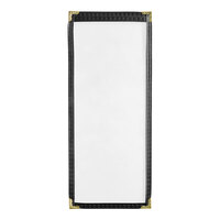H. Risch, Inc. TES Deluxe Sewn 4 1/4" x 11" Black 2 View Vinyl Menu Cover with Gold Decorative Corners and Gloss Finish