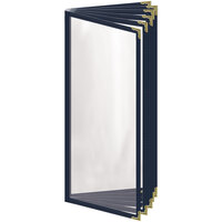 H. Risch, Inc. TE-12V Deluxe Sewn 4 1/4" x 11" Blue 12 View Vinyl Menu Cover with Gold Decorative Corners and Gloss Finish