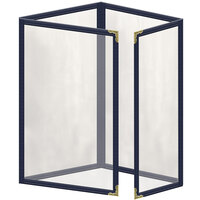 H. Risch, Inc. TETQ Deluxe Sewn 5 1/2" x 8 1/2" Blue 8 View Foldout Vinyl Menu Cover with Gold Decorative Corners and Gloss Finish