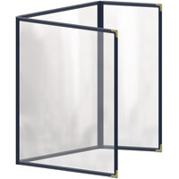 H. Risch, Inc. TEDQ Deluxe Sewn 8 1/2" x 11" Blue 6 View Menu Cover with Gold Decorative Corners and Glossy Finish