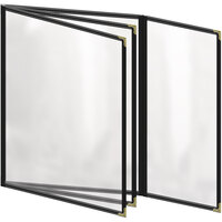 H. Risch, Inc. TETBQ Deluxe Sewn 8 1/2" x 11" Black 8 View Vinyl Menu Cover with Gold Decorative Corners and Gloss Finish